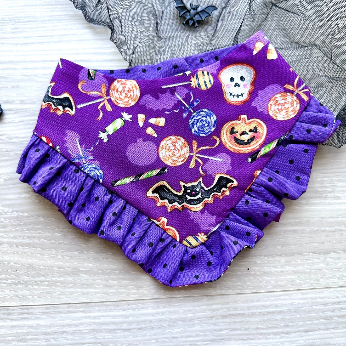 Purple spooky Candy with white Ruffles Halloween Dog Bandana