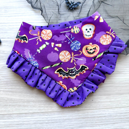 Purple spooky Candy with white Ruffles Halloween Dog Bandana