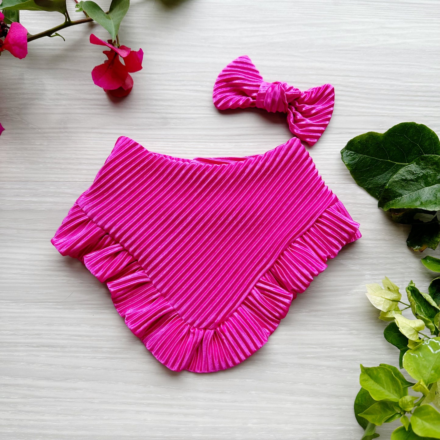 Magenta Dog bandana with ruffles, emerald