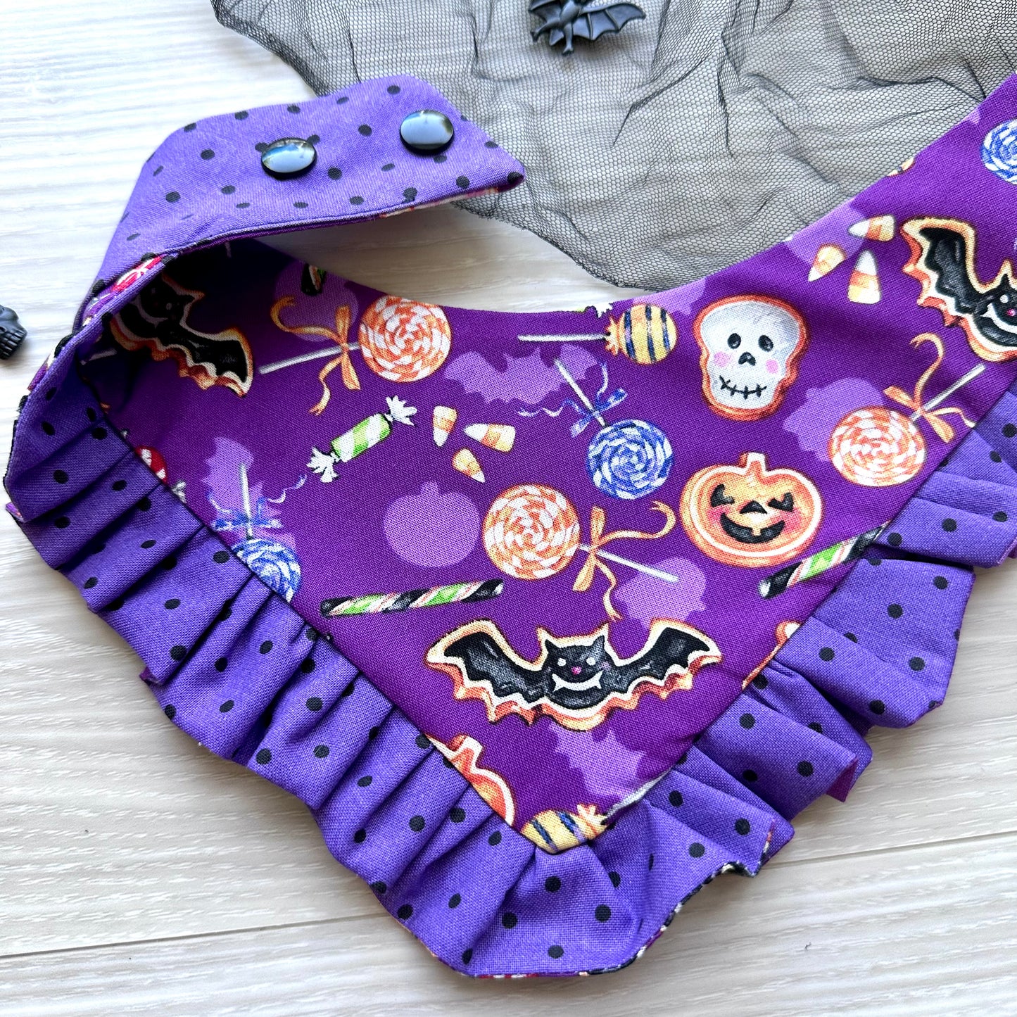 Purple spooky Candy with white Ruffles Halloween Dog Bandana