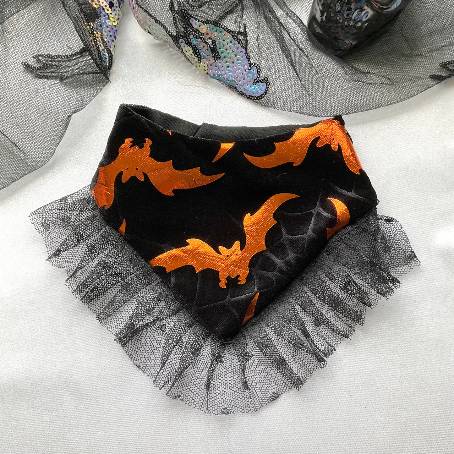 Orange Bat with ruffle Halloween Dog Bandana