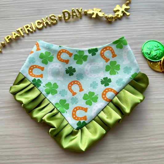 St. Patricks Dog bandana with ruffles, lucky horseshoe orange