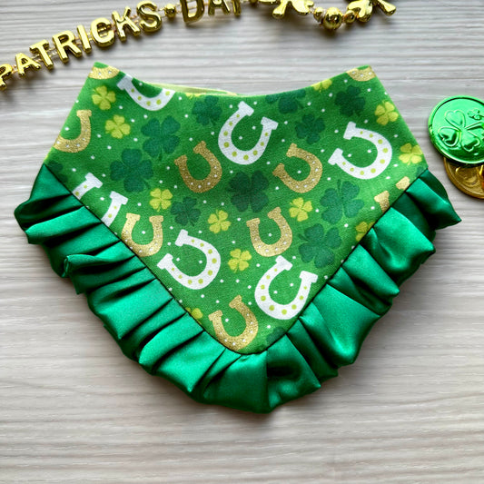 St. Patricks Dog bandana with ruffles, lucky horseshoe lime green