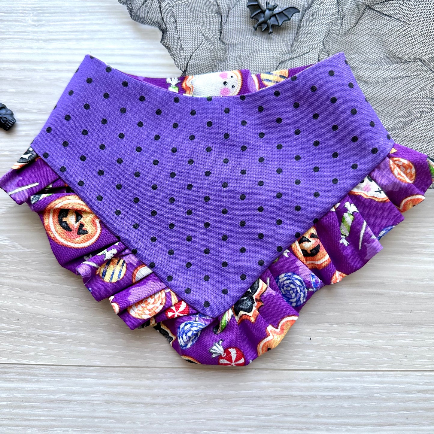Purple spooky Candy with white Ruffles Halloween Dog Bandana