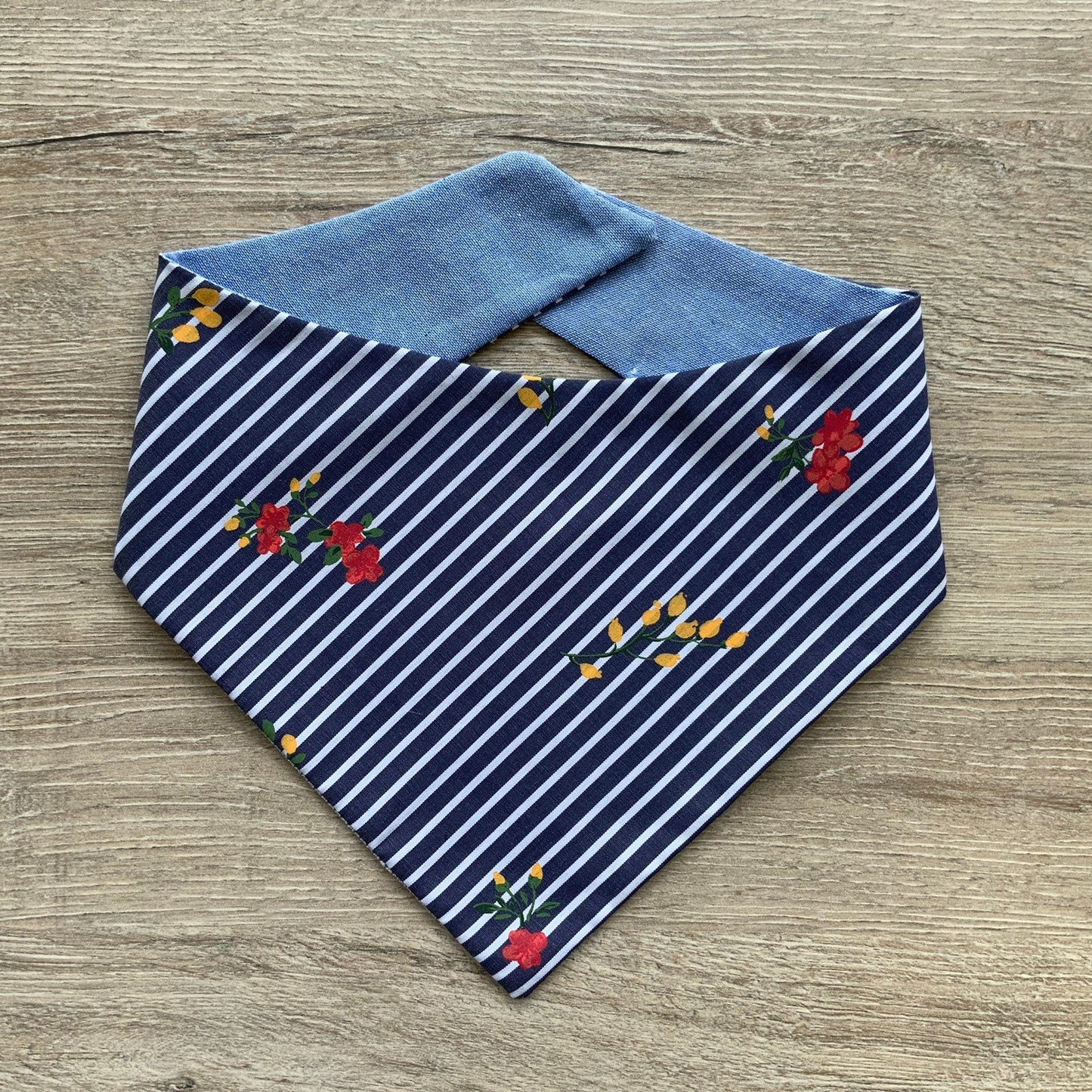 Denim Blue Striped Dog Bandana, Floral Pet Scarf, Reversible Tie or Snap