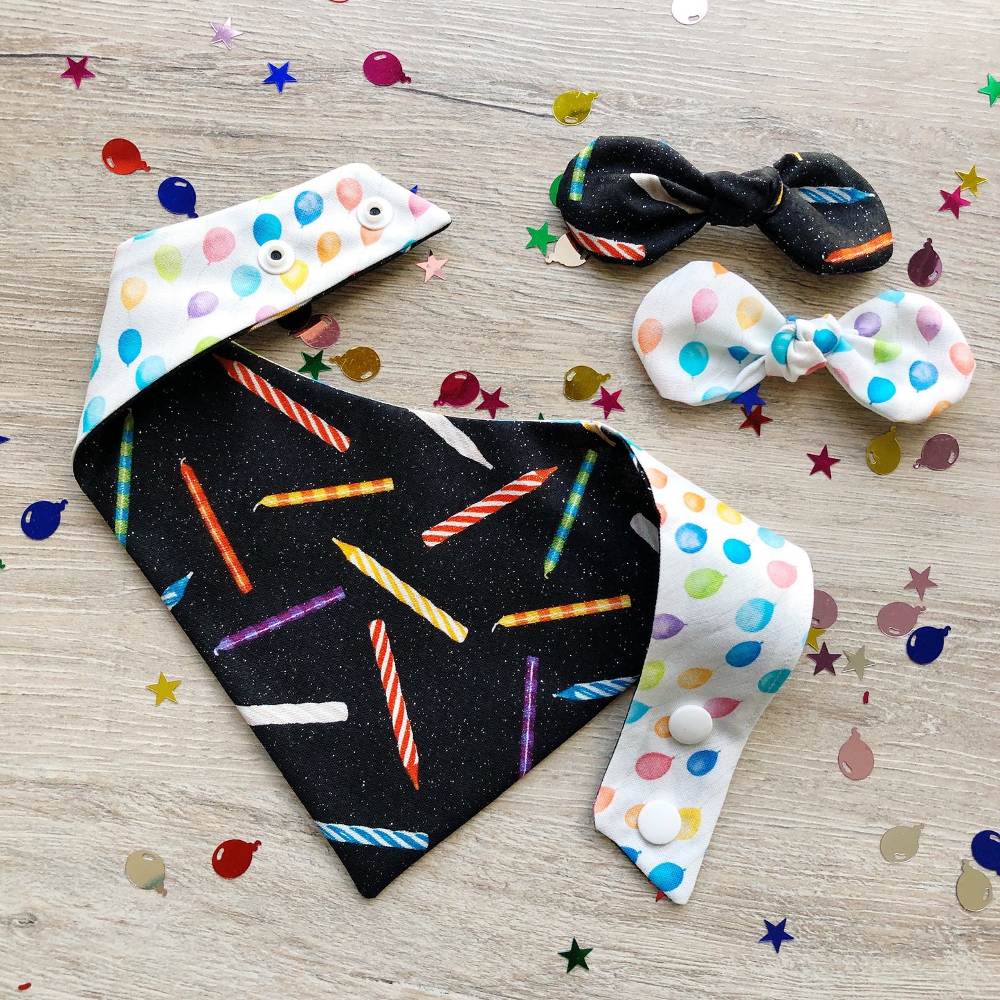 Birthday Dog Bandana, Candle Lights, Balloons, Snap-On or Tie-On