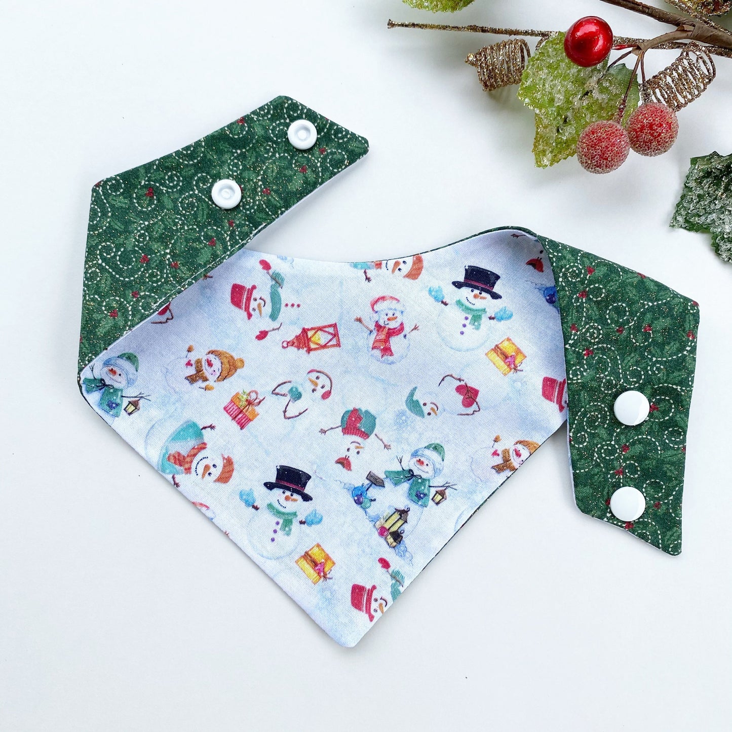 Christmas Dog Bandana, Snowman Print, Snap-On Pet Bandana