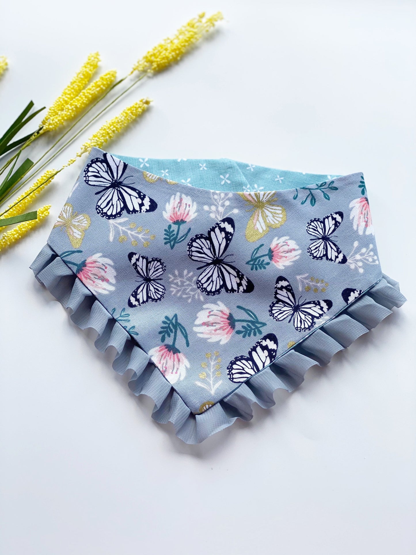 New! Floral Garden Butterfly, Spring Dog bandana with snaps, Matching hair-bow, Custom pet accessories, Puppy gift, Pet scarf