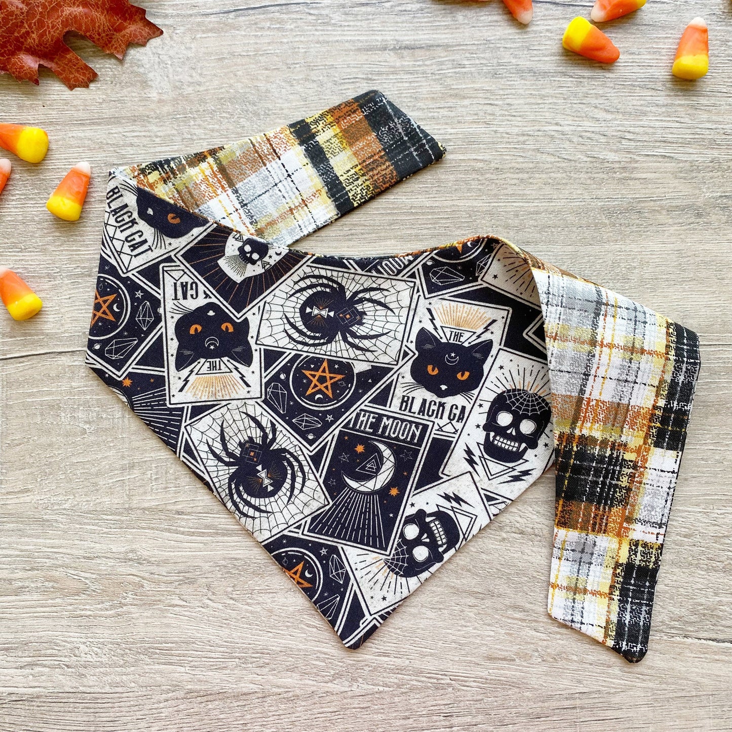 Halloween Dog Bandana, Tarot Cards, Orange Plaid, Snap-On Bow