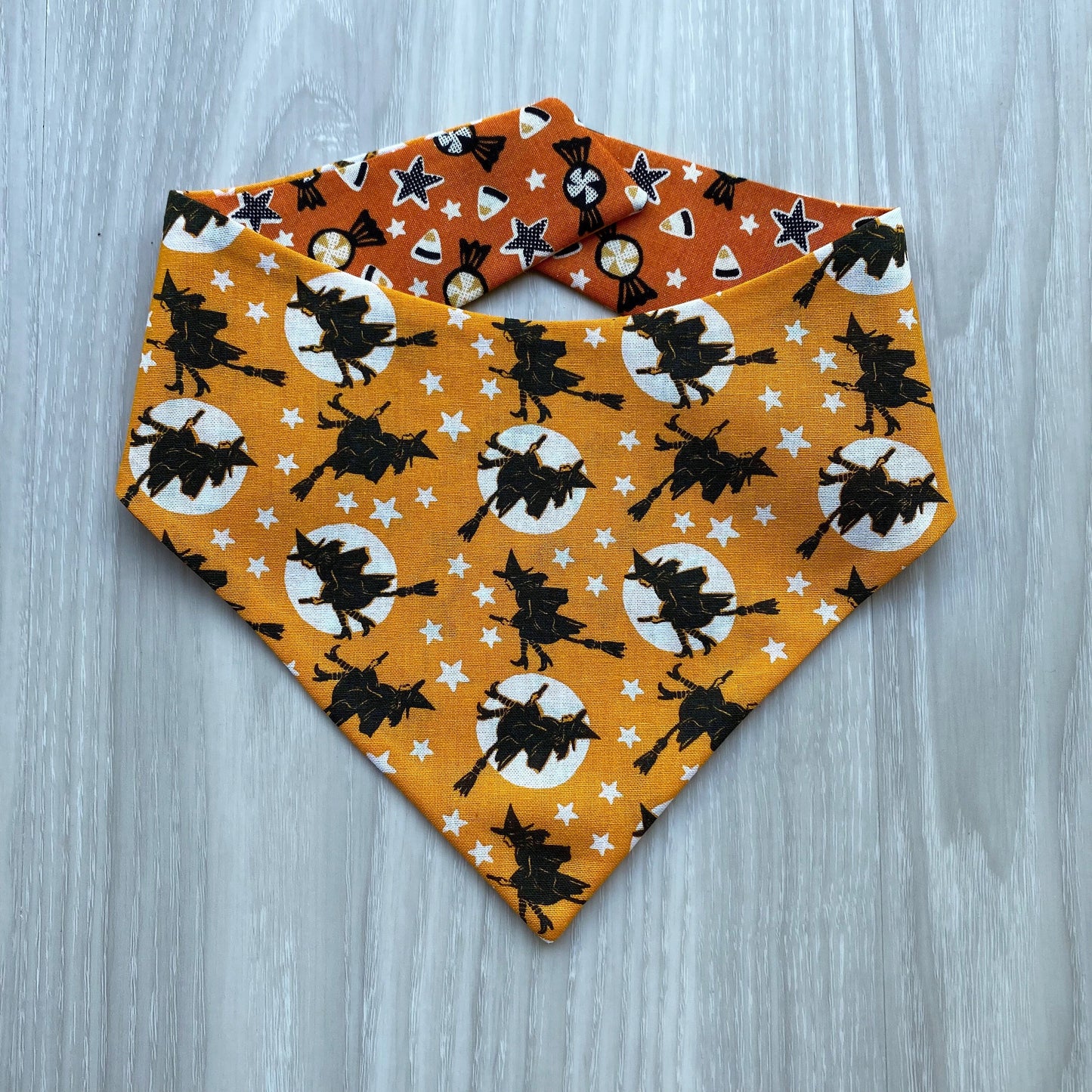 Halloween Dog bandana, Witch on a broom and candy corn, Dog bandana, Snap on Bandana, Matching hair-bow, Bow and Bandana, Hair Scrunchies