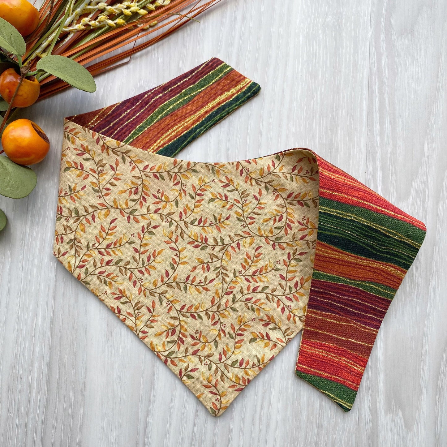 Fall Stripes Dog Bandana, Reversible Snap On, Matching Bow