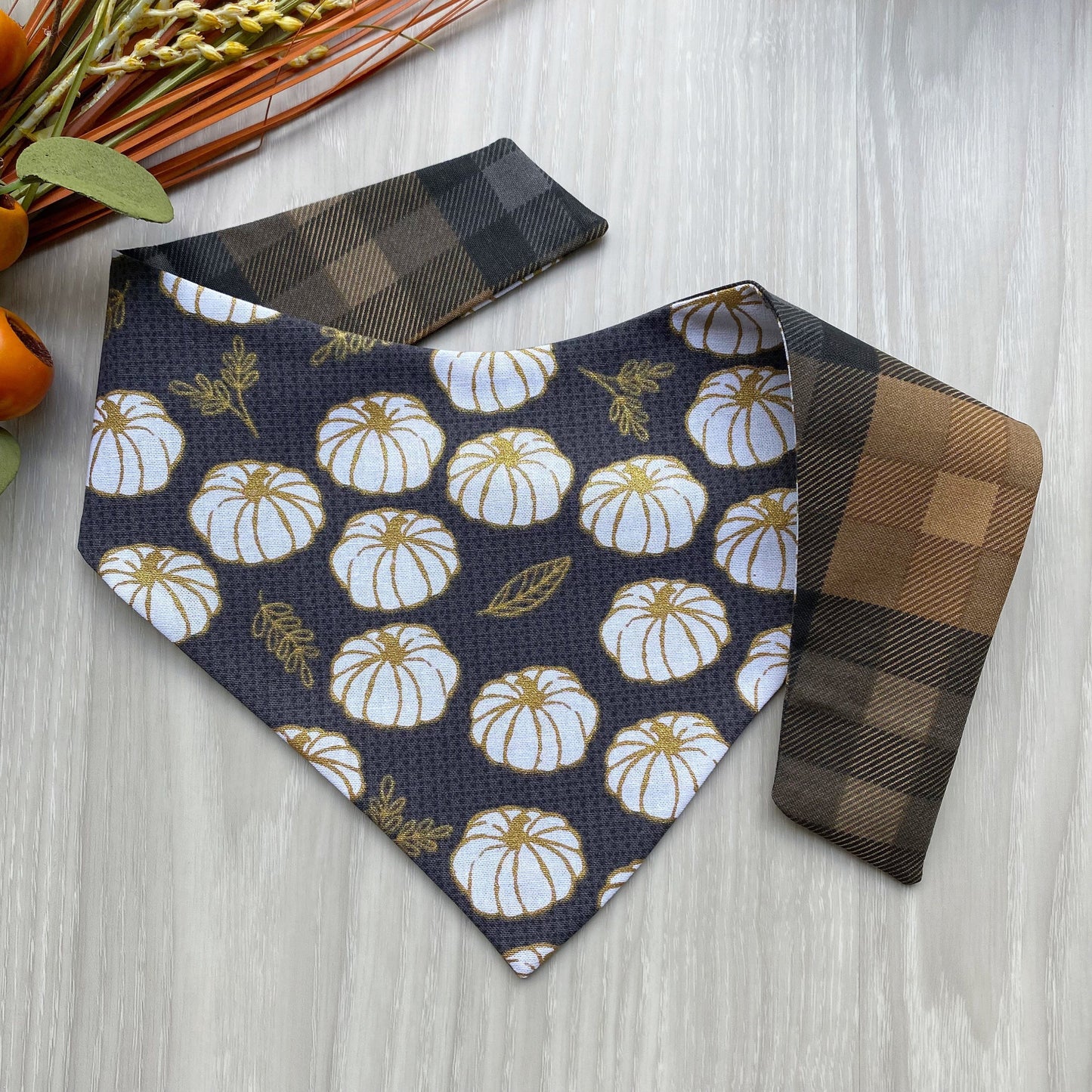 White Pumpkins Fall Dog bandana, Dog bandana, Snap on Bandana, Matching hair-bow, Bow and Bandana, Hair Scrunchies