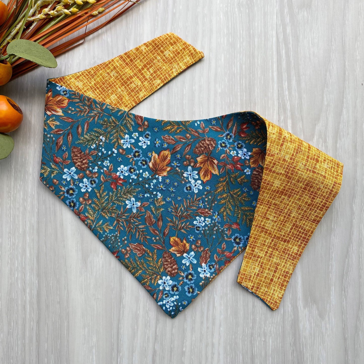 Autumn Floral Dog Bandana, Matching Hair Bows, Reversible Snap-On