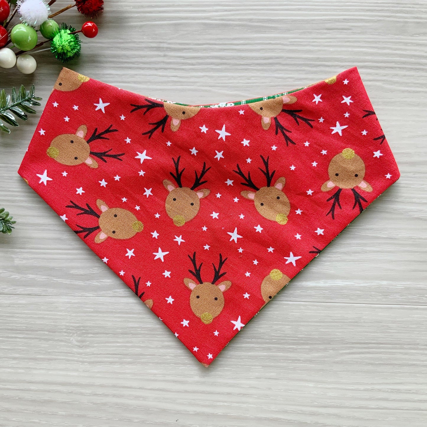 Reindeer and Snowflake Christmas Dog bandana, Snap on Bandana, Matching hair-bow, Bow and Bandana, Hair Scrunchies, red plaid