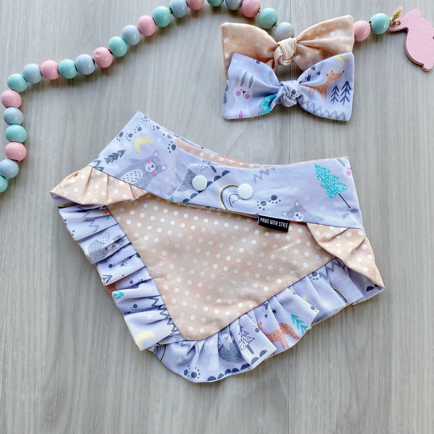 New Spring Dog bandana with ruffles, Snap on Bandana, Matching hair-bow, Bow and Bandana, Floral bandana