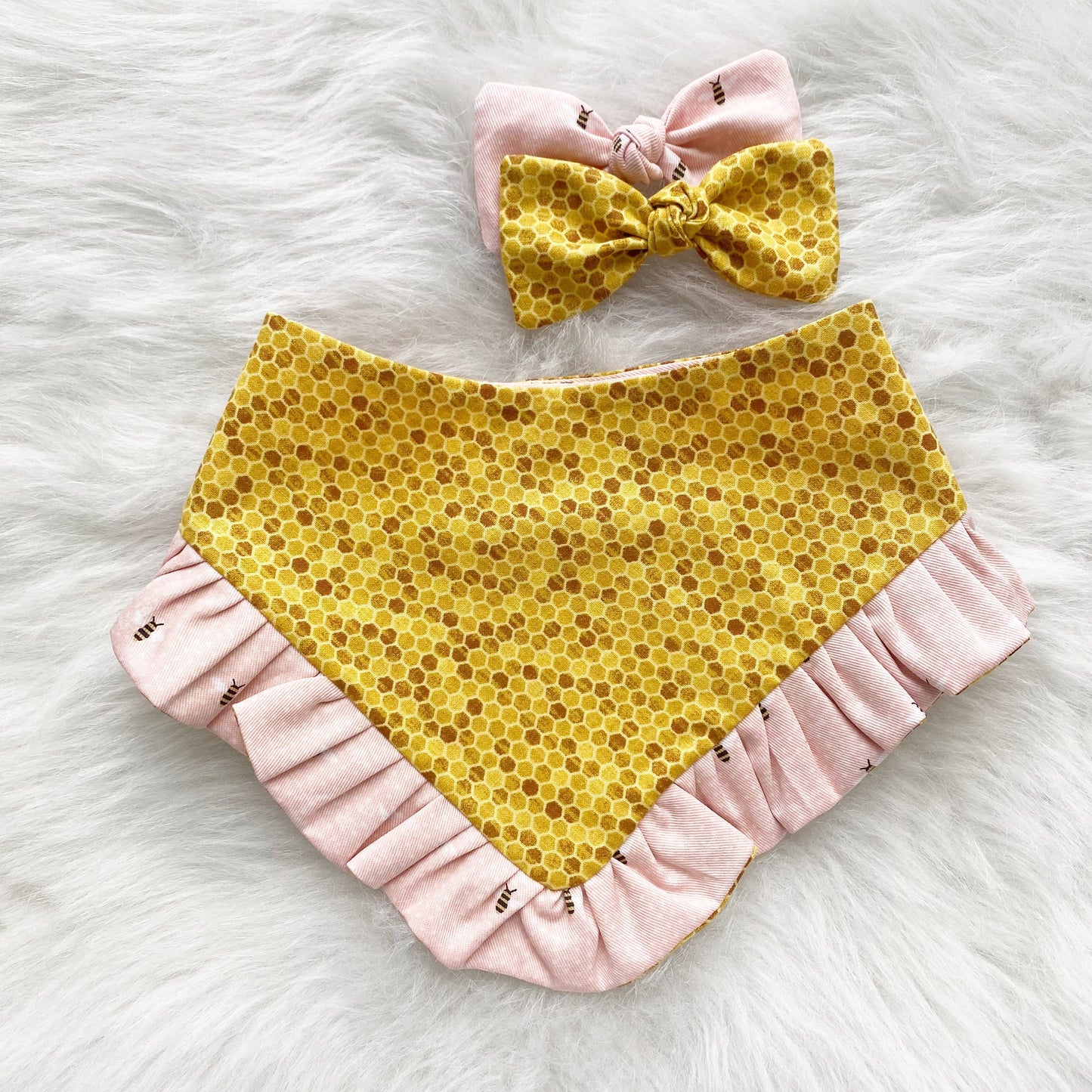 Ruffle Dog Bandana and Bow Set, Honeycomb Bee, Snap-On