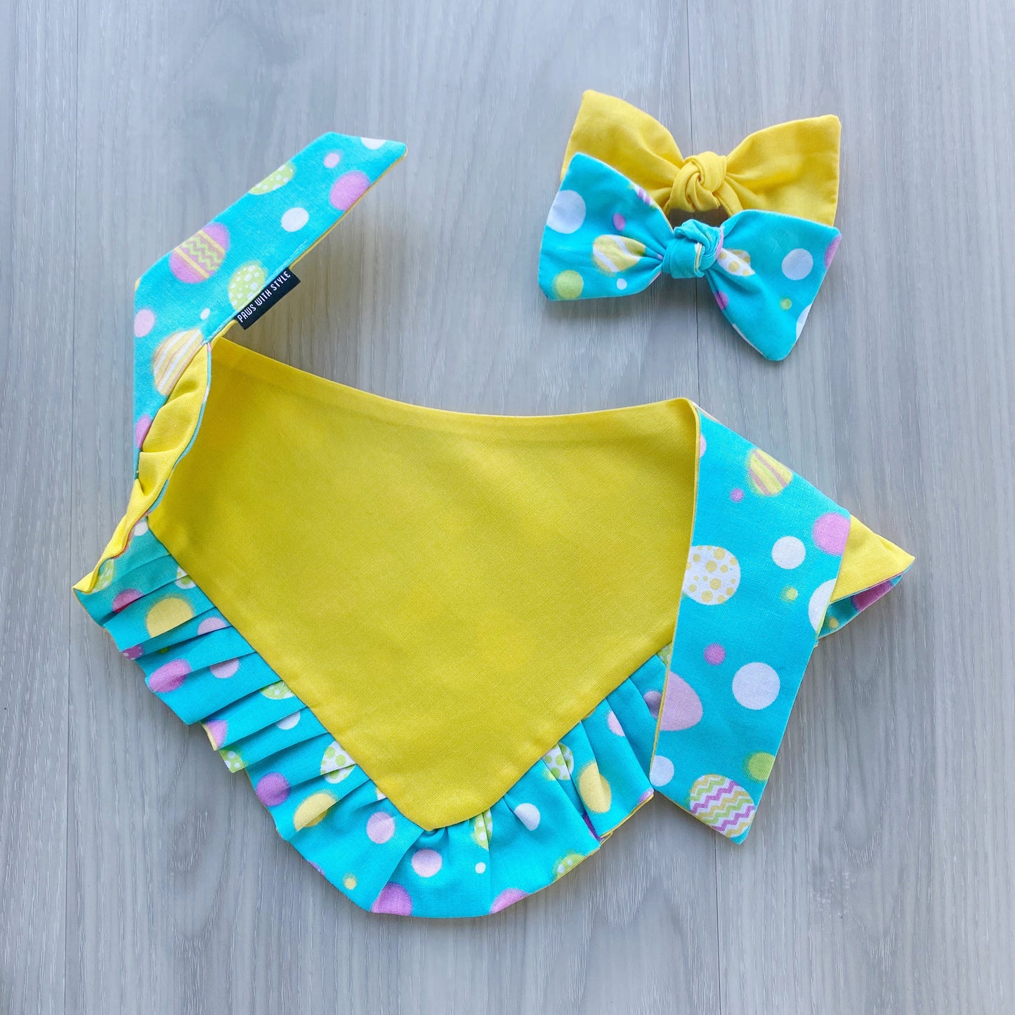 Ruffled Easter Dog Bandana, Blue Eggs, Snap On, Matching Bow