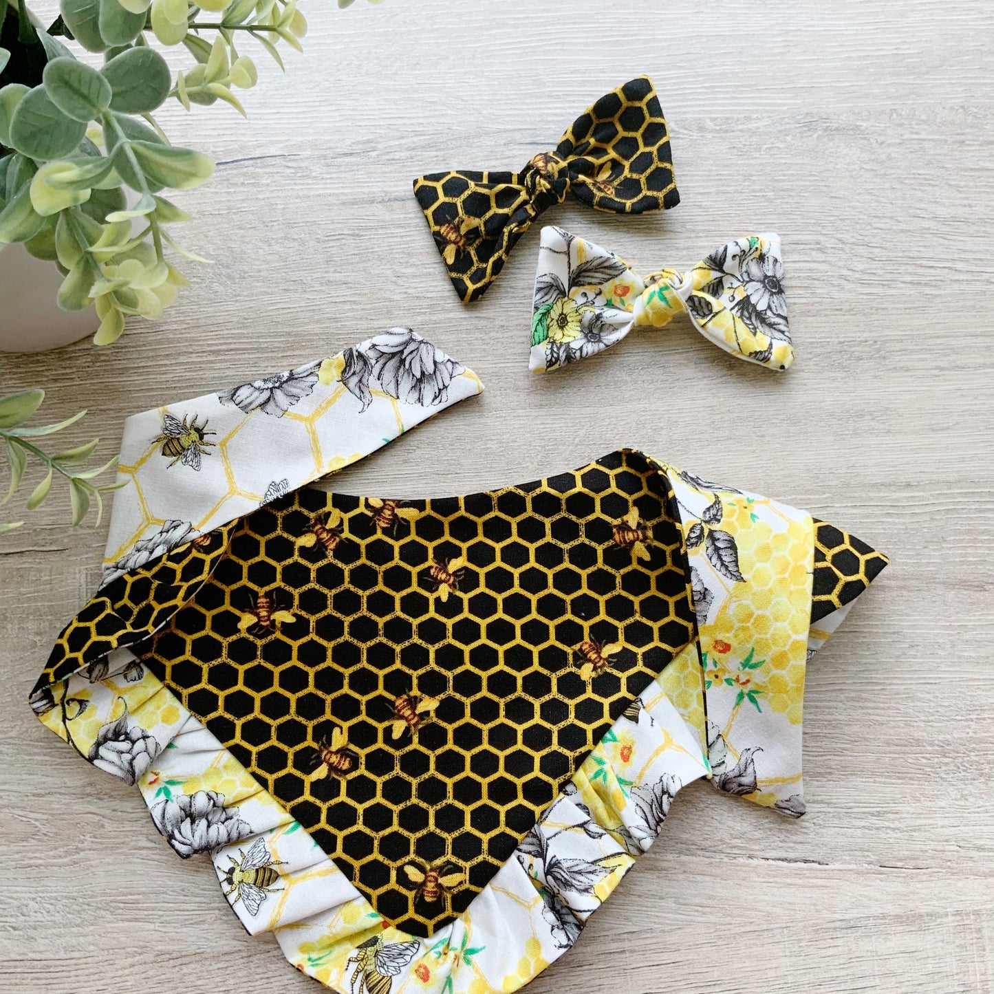 Summer Honeycomb Bee Dog Bandana with Ruffle, Matching Hair Bow