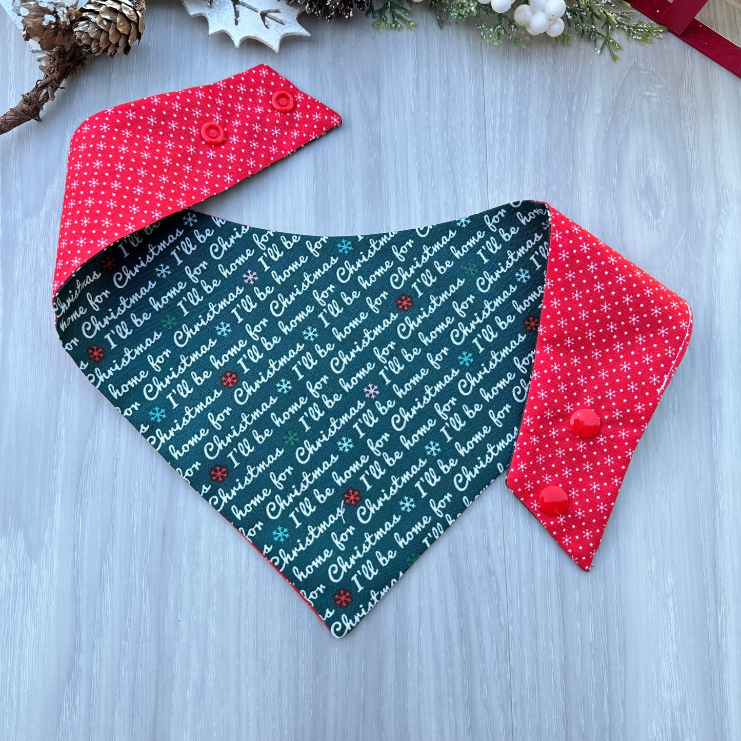 Christmas Dog Bandana, Reversible Holiday Scarf with Matching Bow
