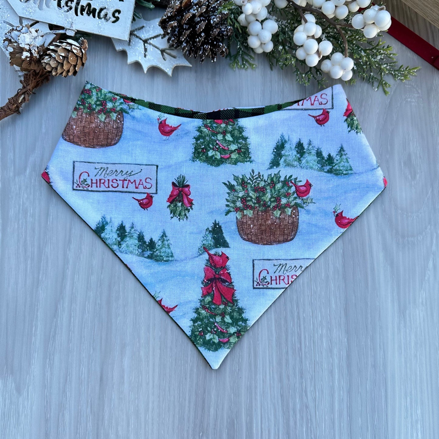 Christmas Dog Bandana, Green Plaid Reversible Scarf, Matching Bow