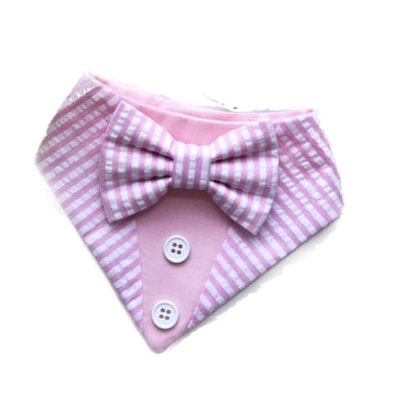 Tuxedo dog bandana, seersucker pink and blue Dog bandana with Snaps, Pet scarf gift, Spring dog scarf, Dog Bowtie, fancy Bandana,