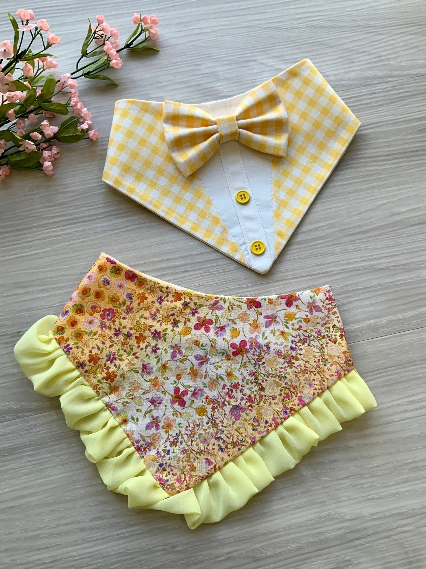 Spring Dog bandana with ruffles, Yellow Gingham Floral, Snap on Bandana, Matching hair-bow, Bow and Bandana, Floral bandana, Cat accessories