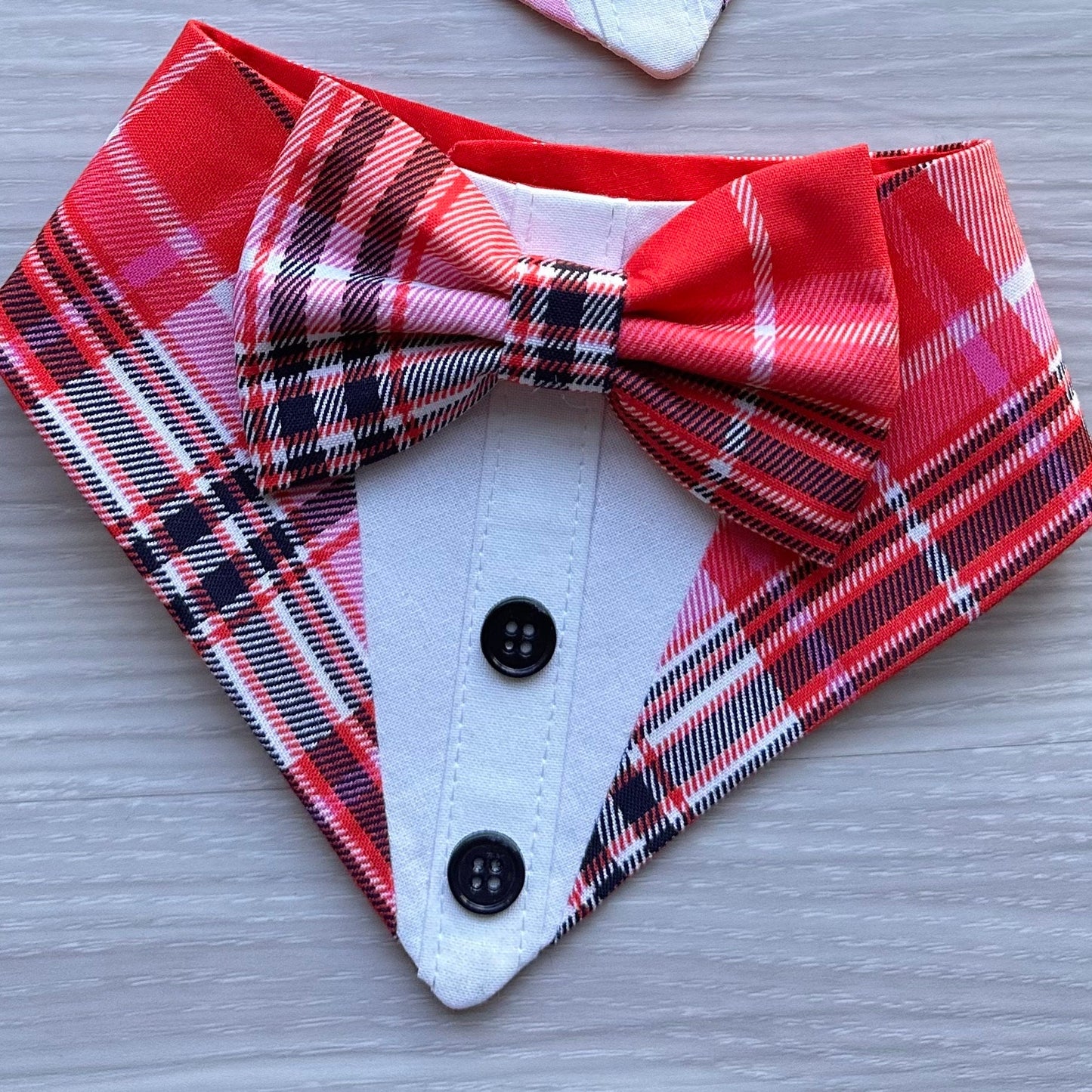 Tuxedo Dog Bandana with Bowtie, Valentines Day Plaid Pet Scarf