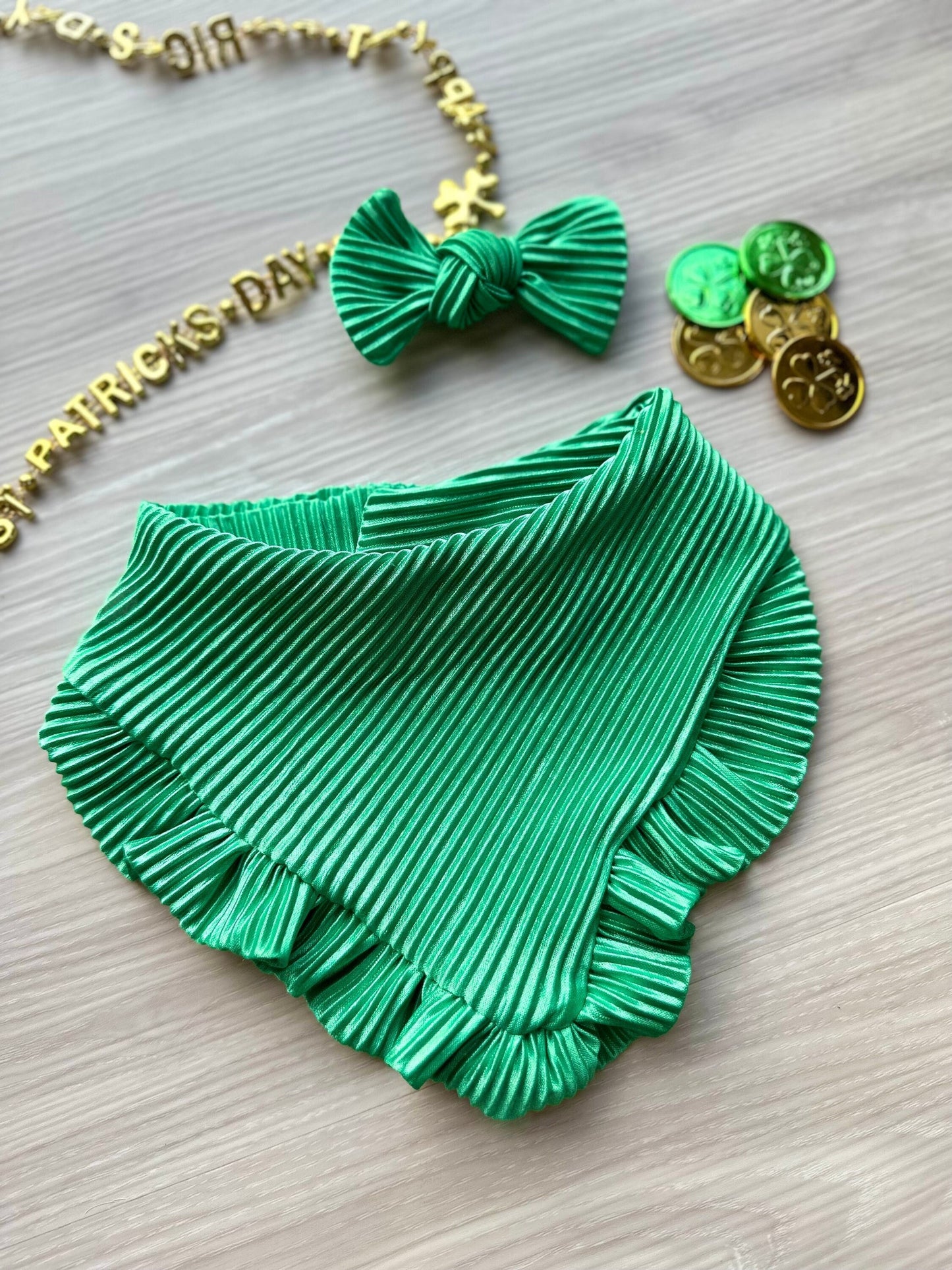 St. Patrick's Day Dog Bandana with Ruffles, Emerald Green Reversible Snap