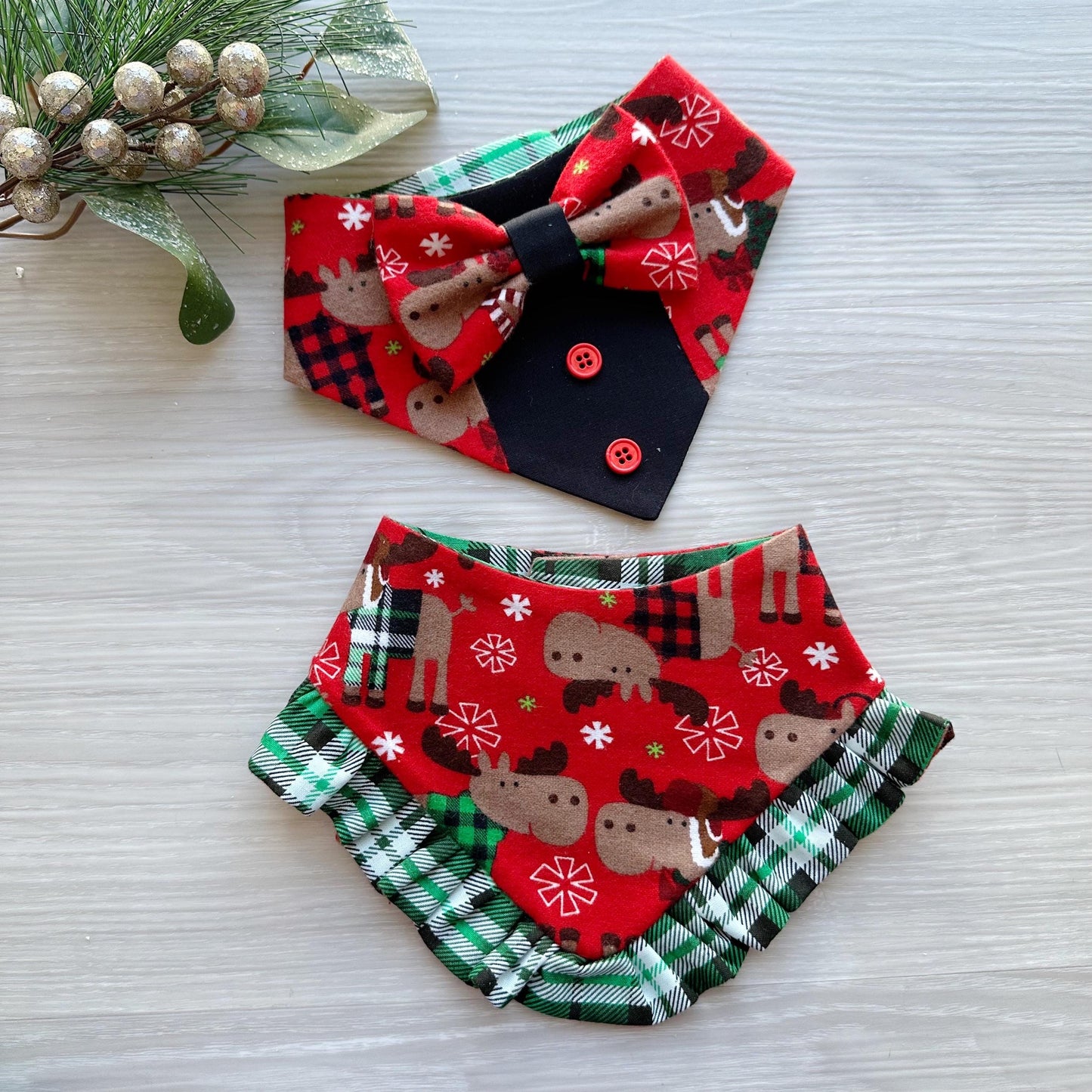 Christmas Dog Tuxedo, Holiday Moose on Red Flannel Cotton Pet dog bandana, green plaid, snap closure fancy dog bandanas