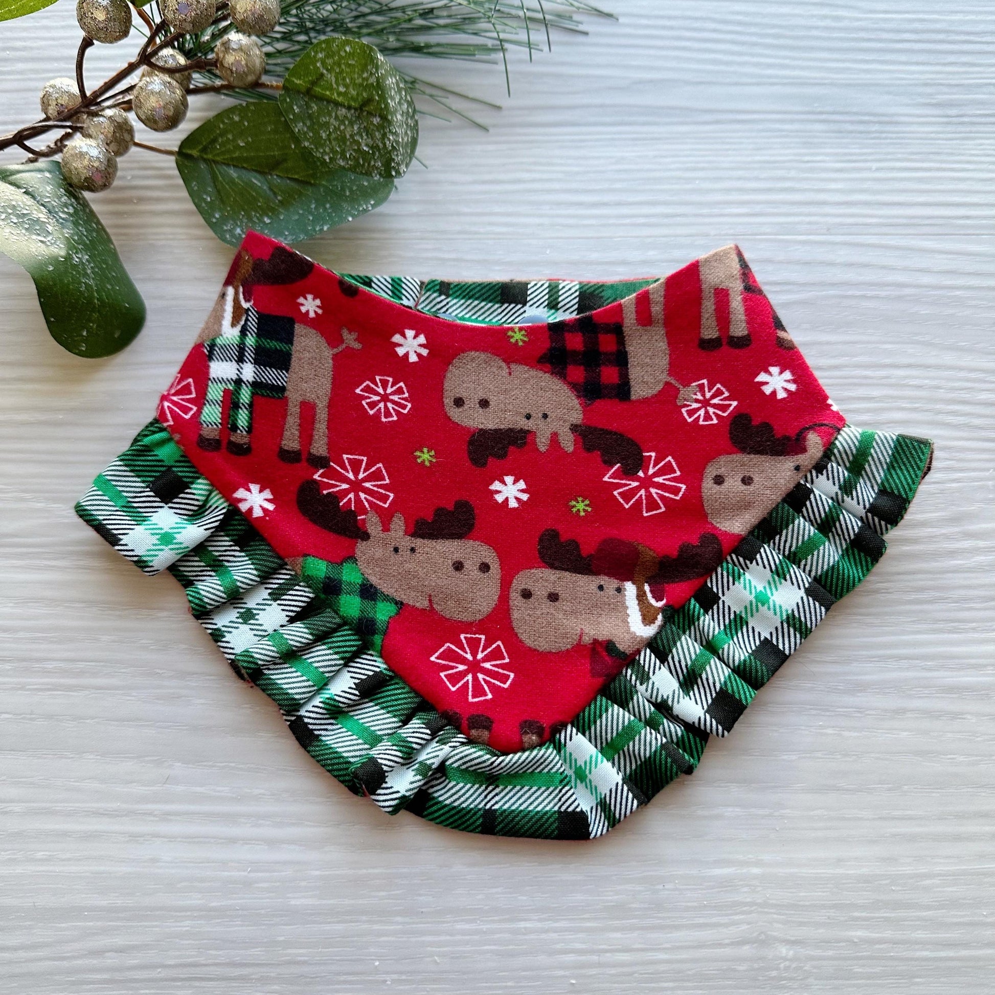 Christmas dog bandana, Holiday Moose on Red Flannel Cotton Pet dog bandana, ruffle trim green plaid, snap closure