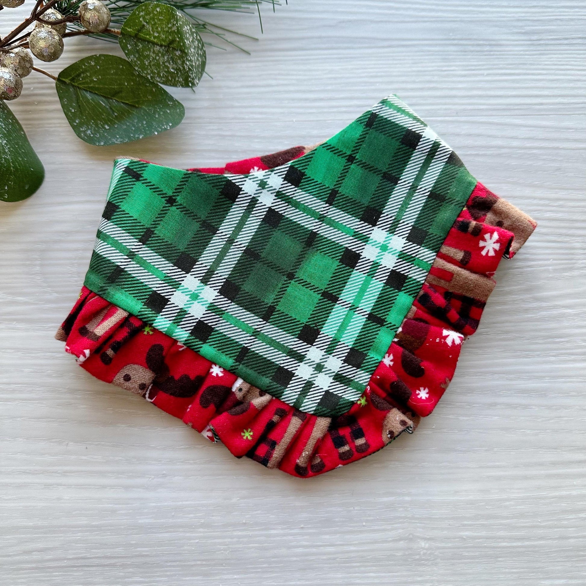 Christmas dog bandana, Holiday Moose on Red Flannel Cotton Pet dog bandana, ruffle trim green plaid, snap closure