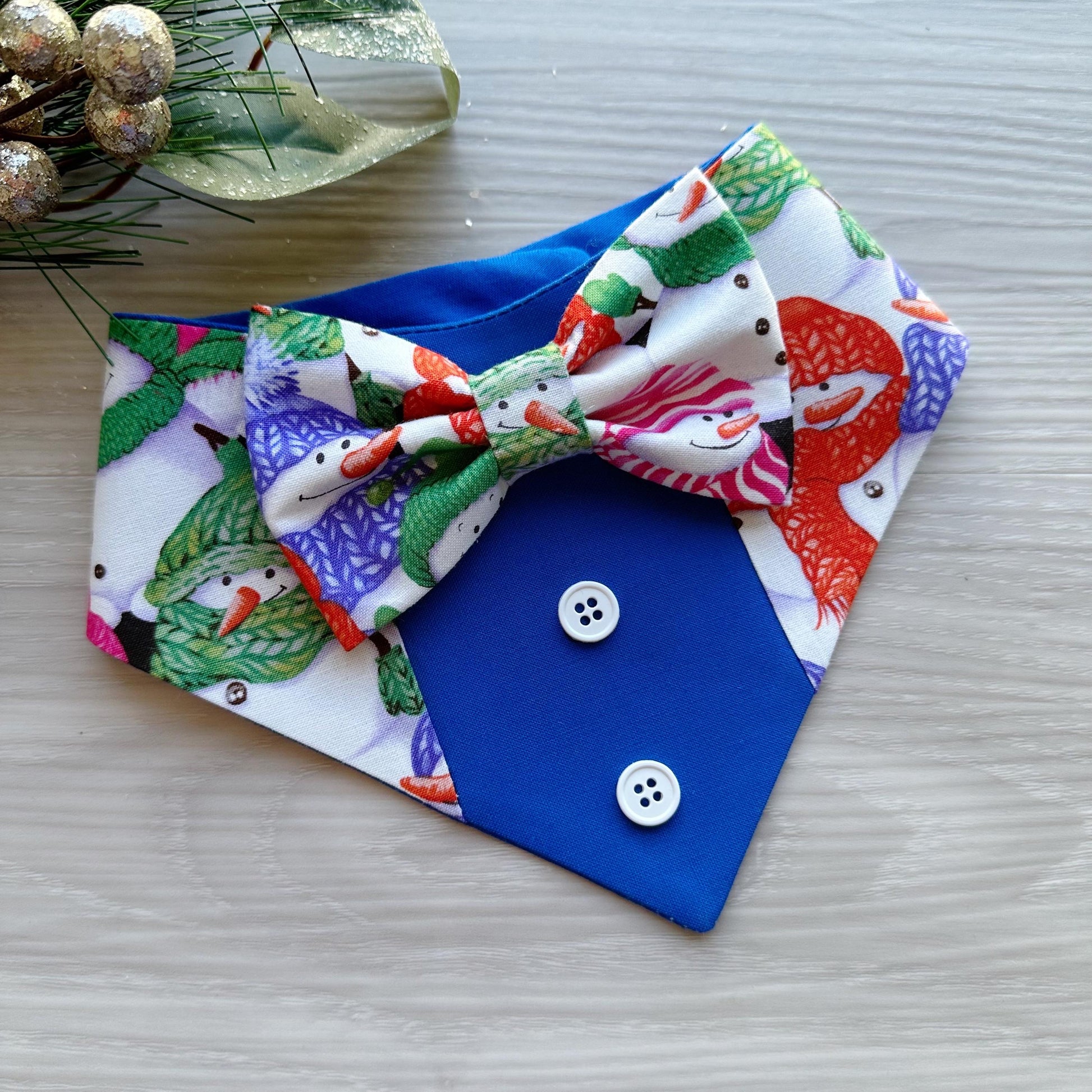 Christmas Dog Tuxedo, Holiday Snowmans Pet dog bandana, green plaid, snap closure fancy dog bandanas