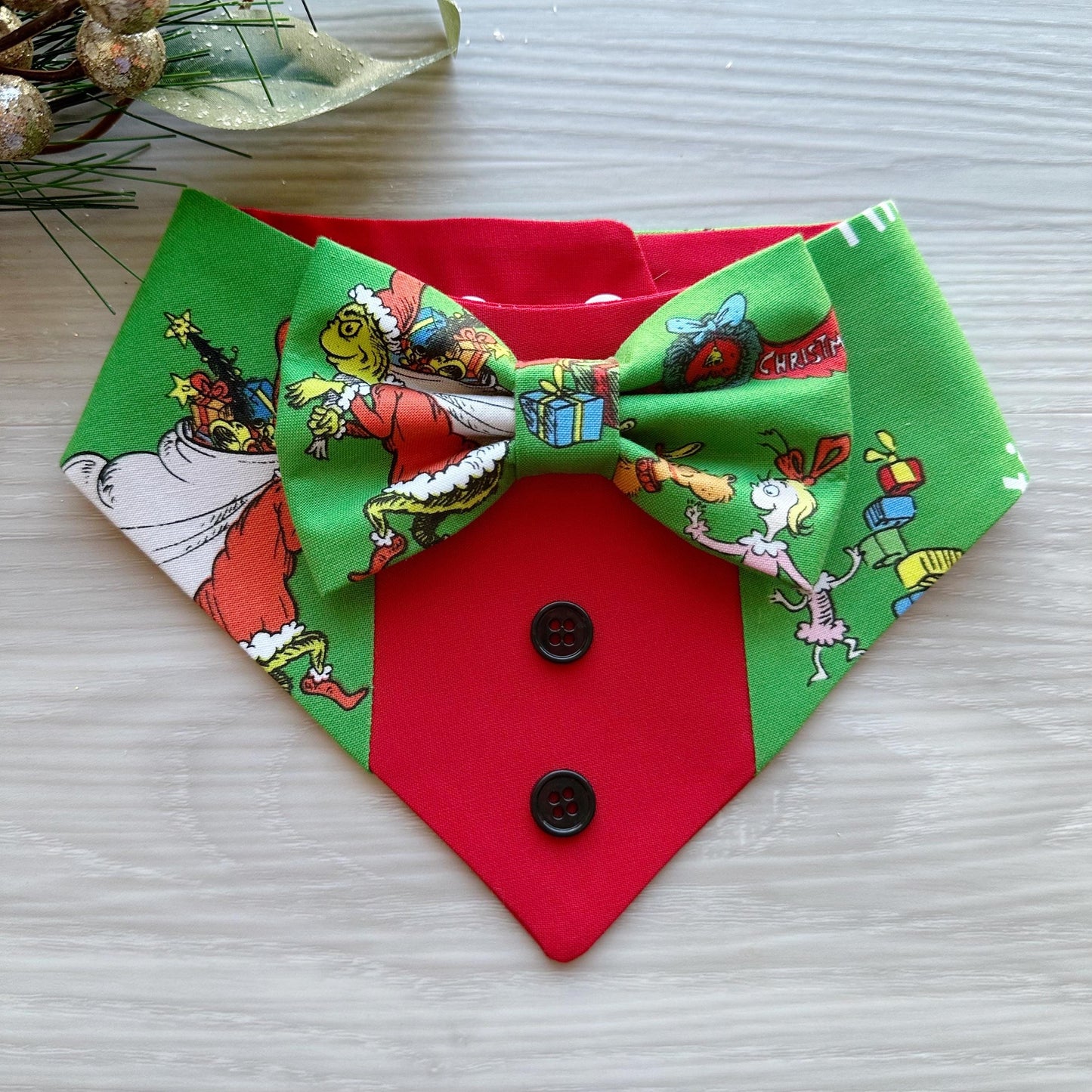 Christmas Dog Tuxedo, Holiday Tree and grinchmas, Pet dog bandana, green plaid, snap closure fancy dog bandanas