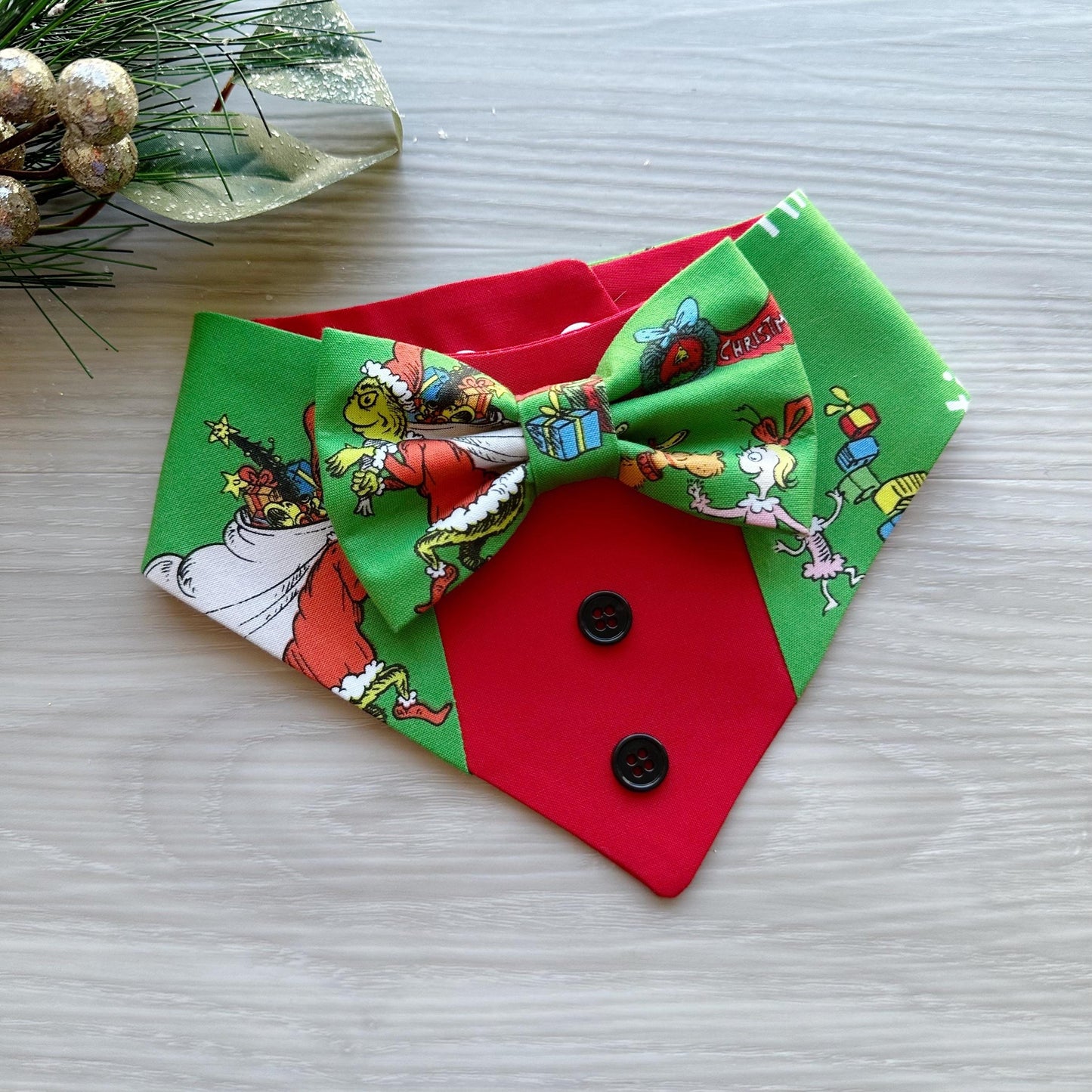 Christmas Dog Tuxedo, Holiday Tree and grinchmas, Pet dog bandana, green plaid, snap closure fancy dog bandanas