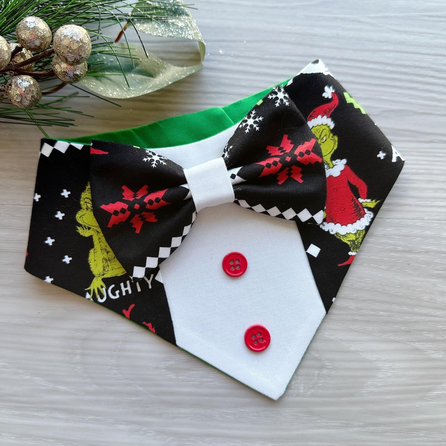 Christmas Dog Tuxedo, Holiday Grinchmas Pet dog bandana, green plaid, snap closure fancy dog bandanas