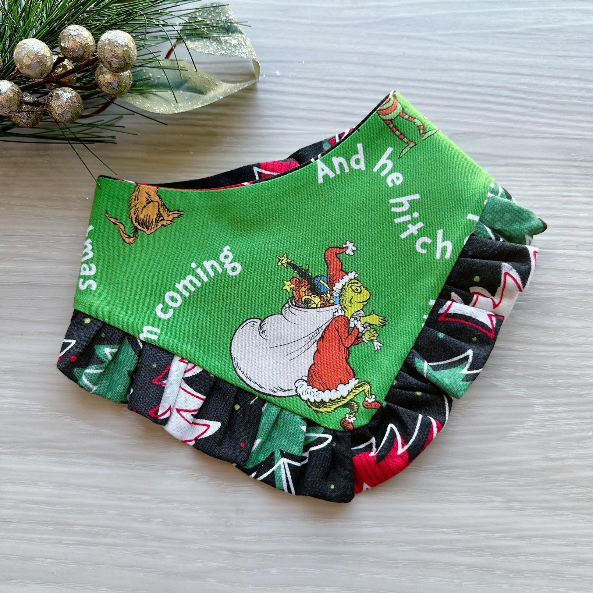 Christmas dog bandana, Holiday Tree and grinchmas Pet dog bandana, ruffle trim, snap closure