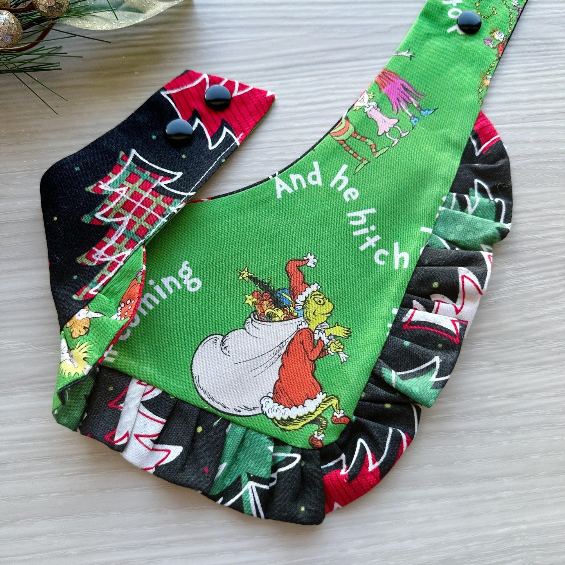 Christmas dog bandana, Holiday Tree and grinchmas Pet dog bandana, ruffle trim, snap closure