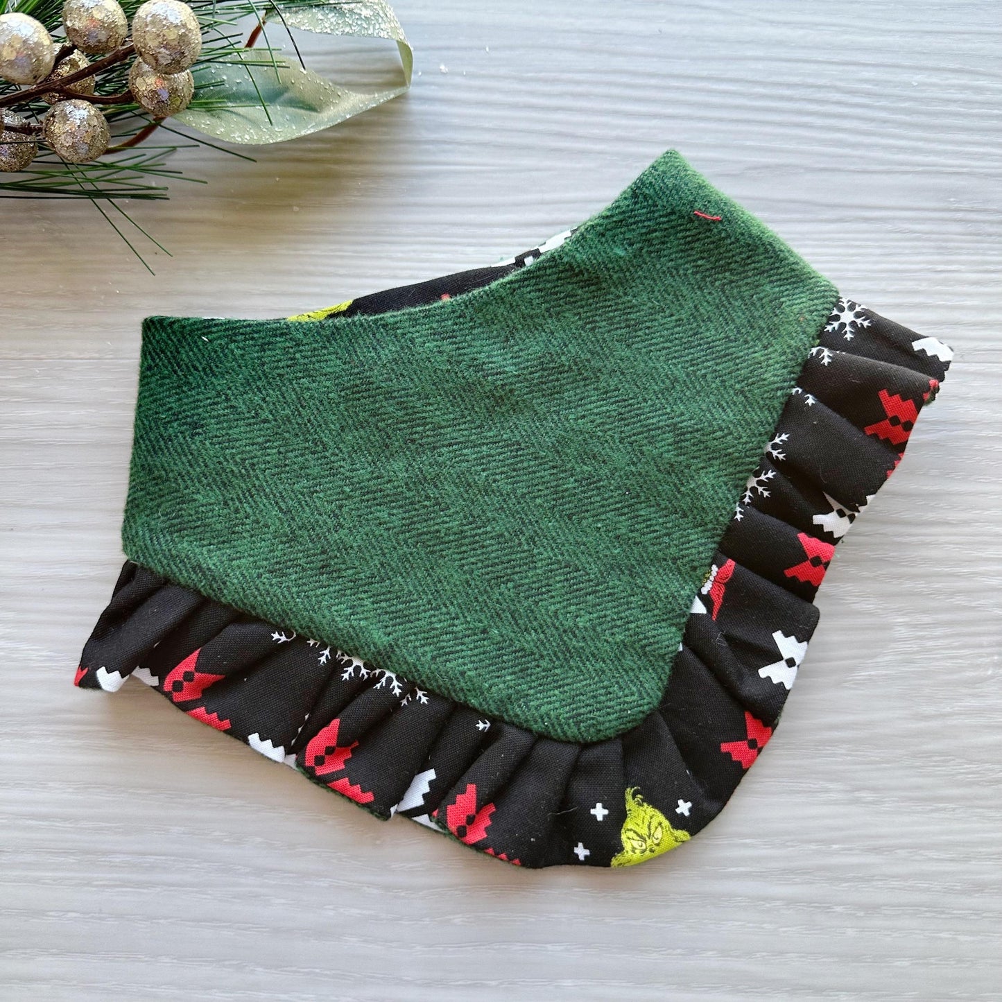Christmas dog bandana, Holiday Grinchmas Cotton Pet dog bandana, green ruffle trim snap closure