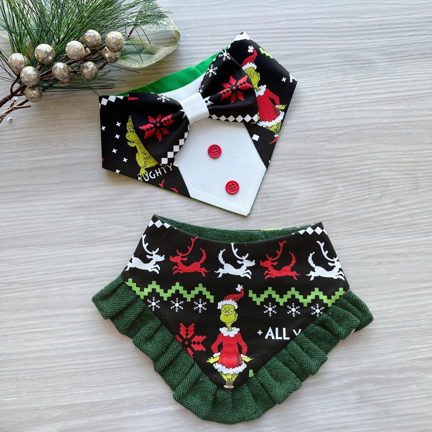 Christmas dog bandana, Holiday Grinchmas Cotton Pet dog bandana, green ruffle trim snap closure