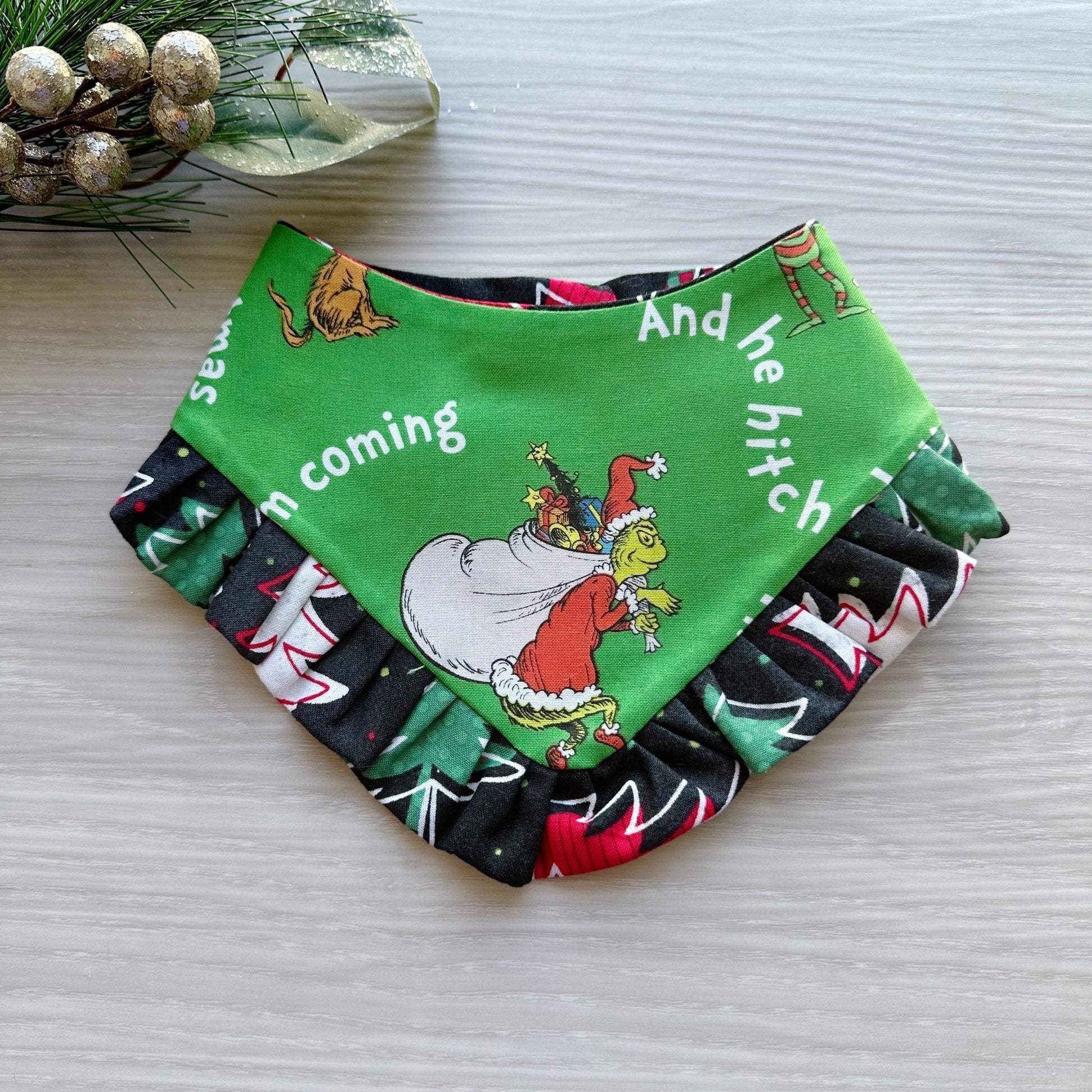 Christmas dog bandana, Holiday Tree and grinchmas Pet dog bandana, ruffle trim, snap closure