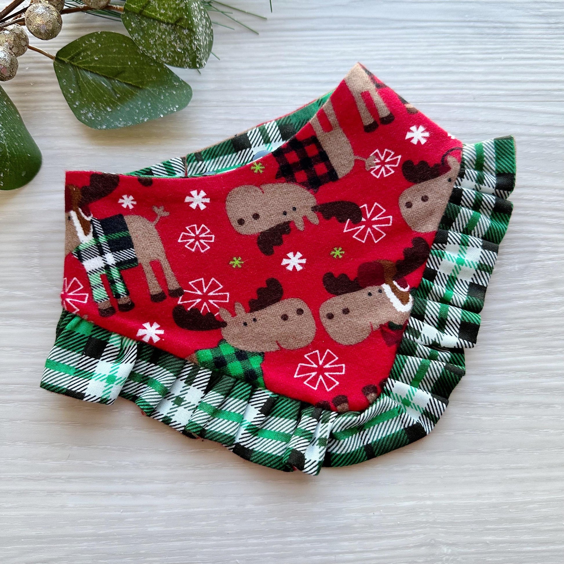 Christmas dog bandana, Holiday Moose on Red Flannel Cotton Pet dog bandana, ruffle trim green plaid, snap closure