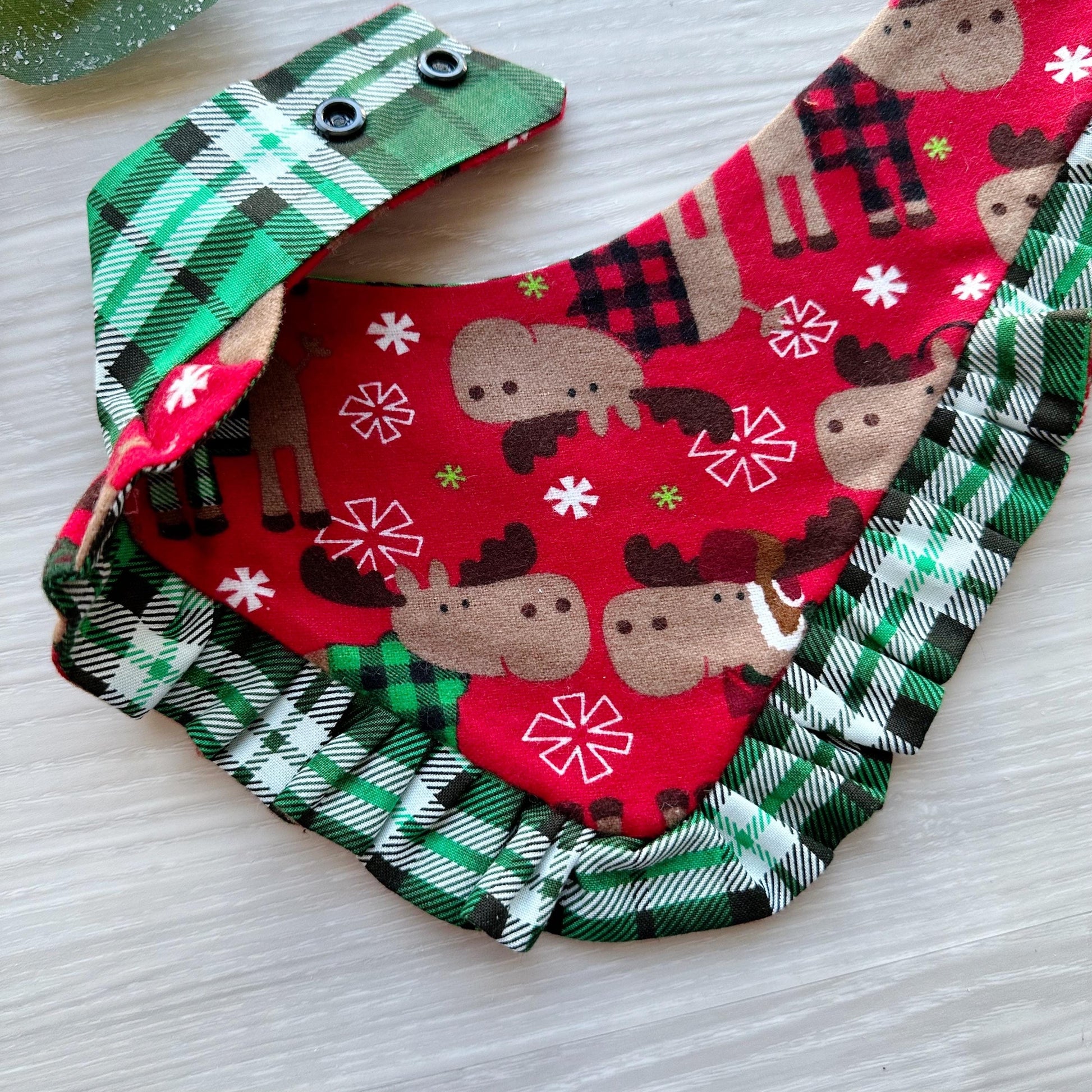 Christmas dog bandana, Holiday Moose on Red Flannel Cotton Pet dog bandana, ruffle trim green plaid, snap closure