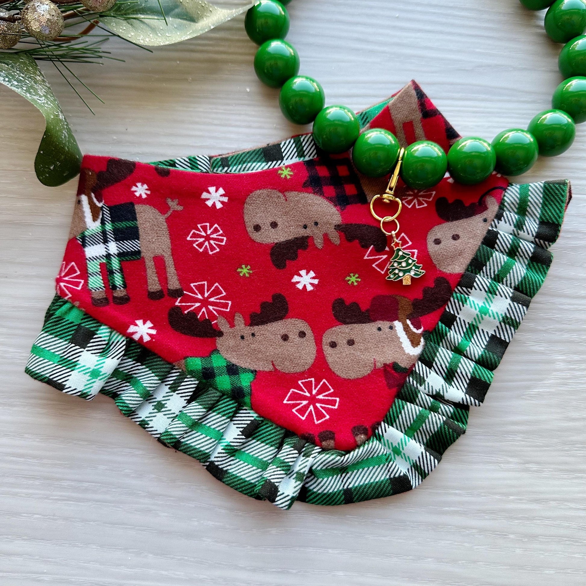 Christmas dog bandana, Holiday Moose on Red Flannel Cotton Pet dog bandana, ruffle trim green plaid, snap closure