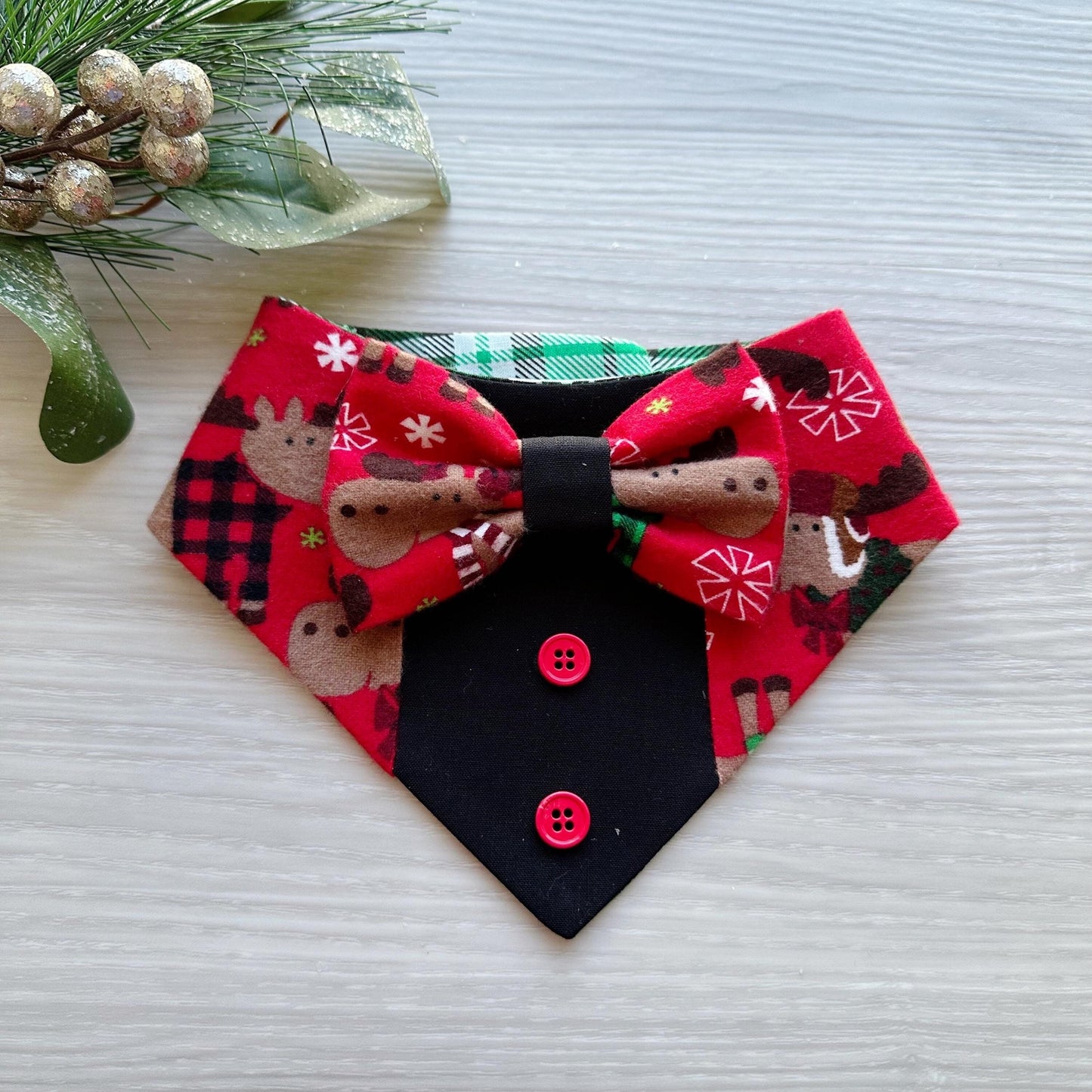 Christmas Dog Tuxedo, Holiday Moose on Red Flannel Cotton Pet dog bandana, green plaid, snap closure fancy dog bandanas