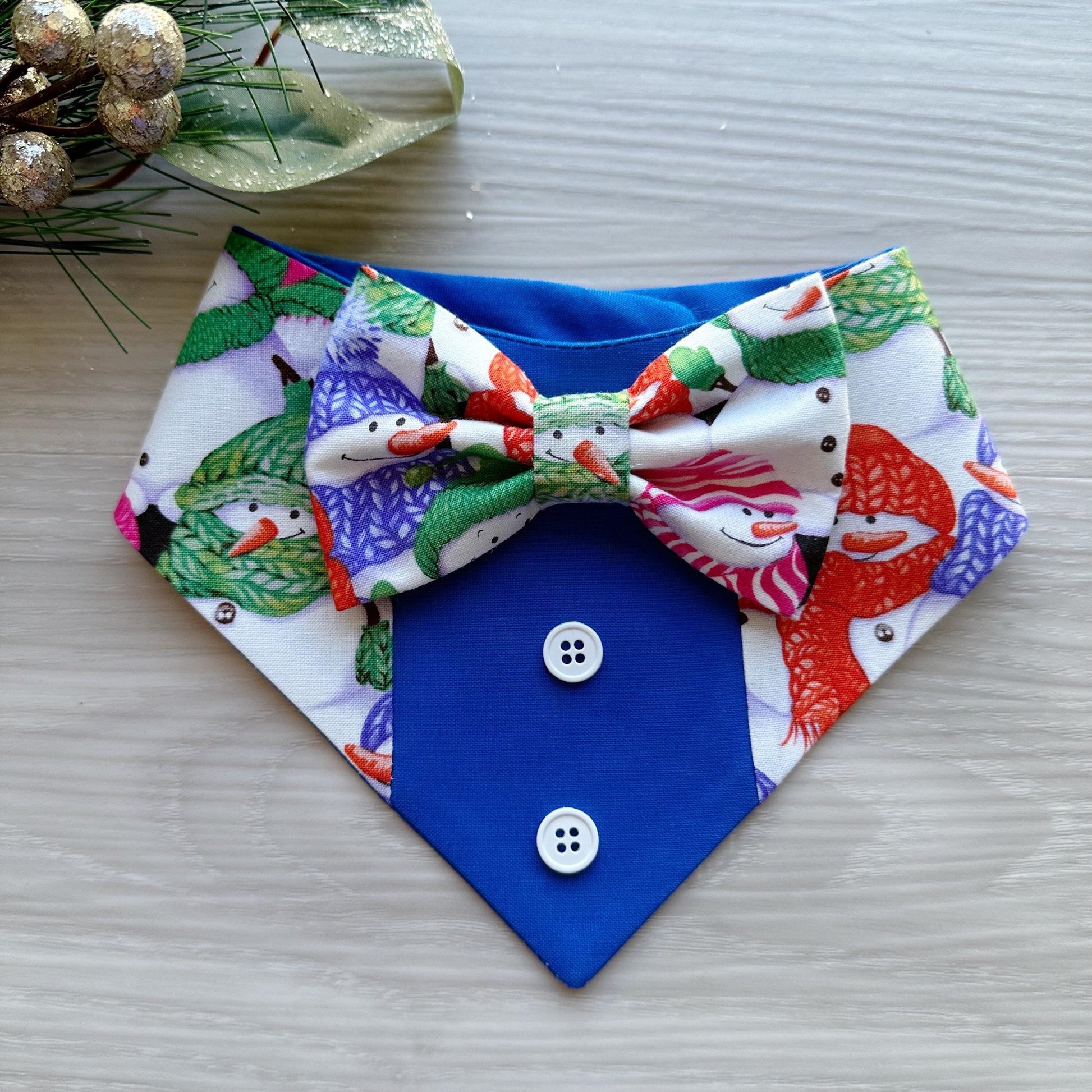 Christmas Dog Tuxedo, Holiday Snowmans Pet dog bandana, green plaid, snap closure fancy dog bandanas