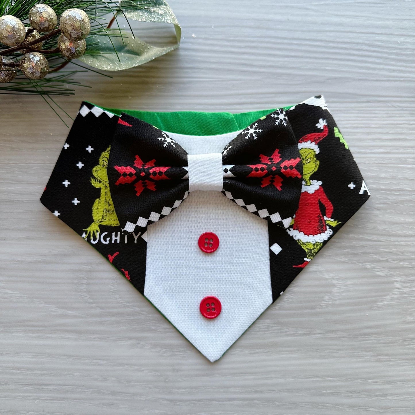 Christmas Dog Tuxedo, Holiday Grinchmas Pet dog bandana, green plaid, snap closure fancy dog bandanas