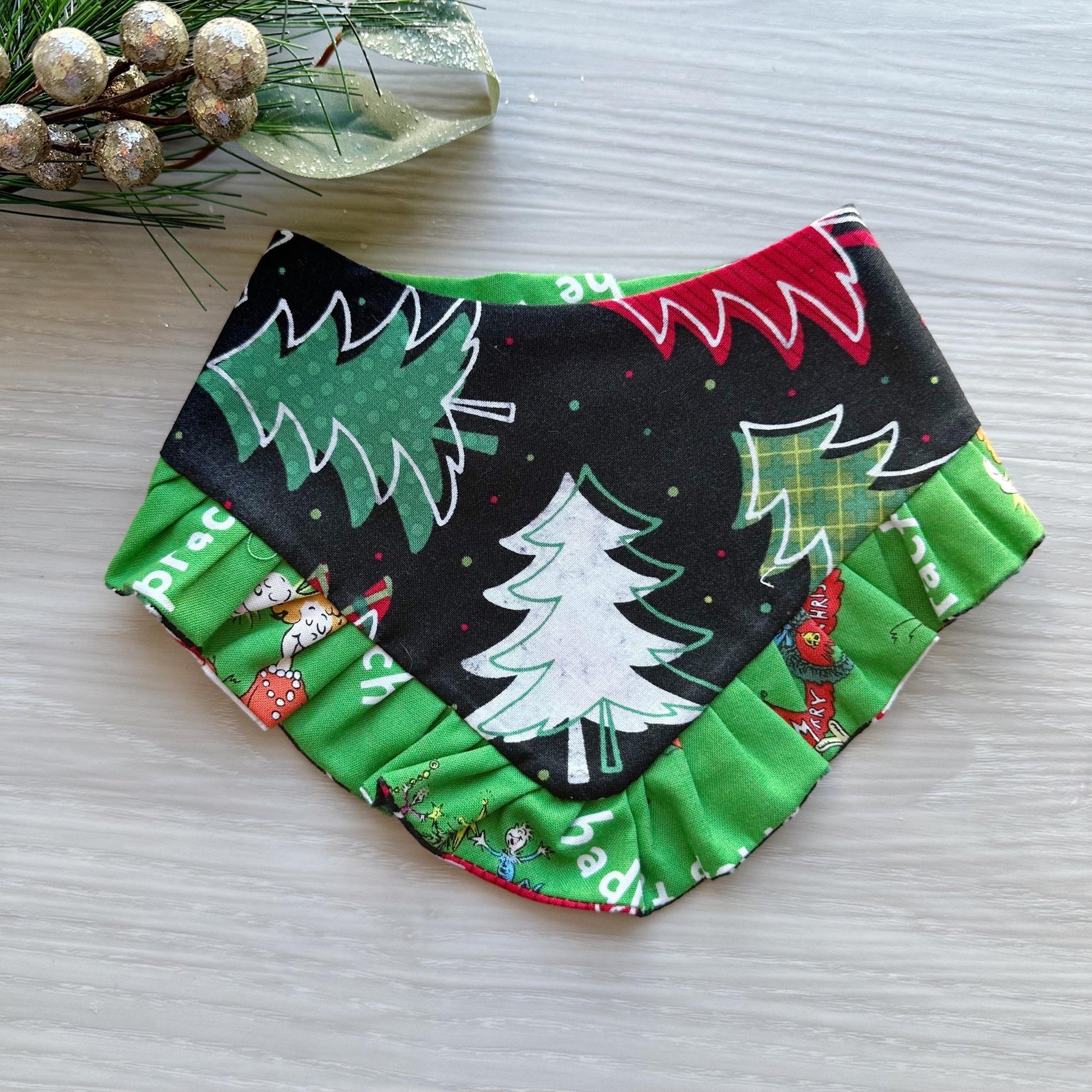 Christmas dog bandana, Holiday Tree and grinchmas Pet dog bandana, ruffle trim, snap closure