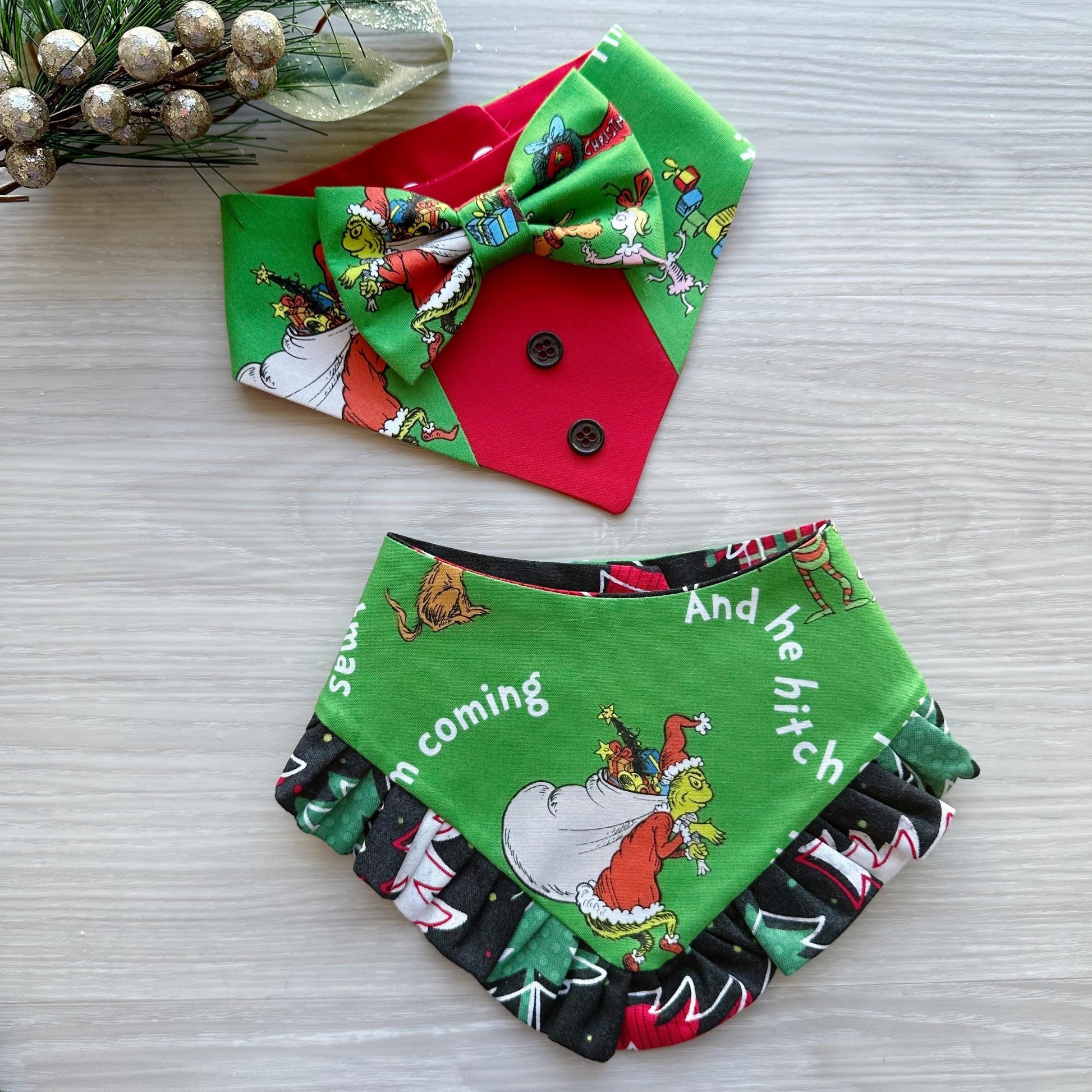 Christmas dog bandana, Holiday Tree and grinchmas Pet dog bandana, ruffle trim, snap closure