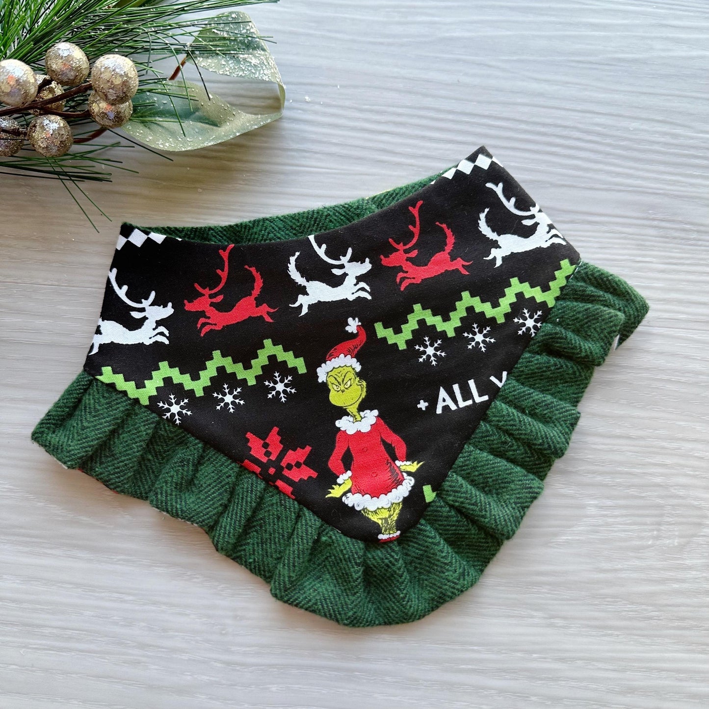 Christmas dog bandana, Holiday Grinchmas Cotton Pet dog bandana, green ruffle trim snap closure