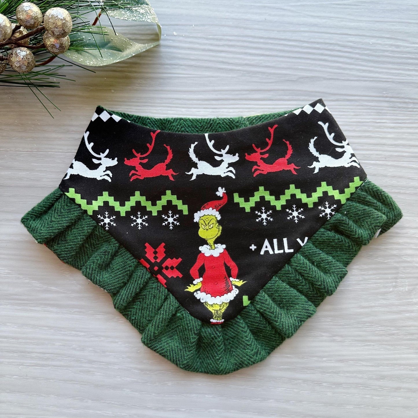 Christmas dog bandana, Holiday Grinchmas Cotton Pet dog bandana, green ruffle trim snap closure